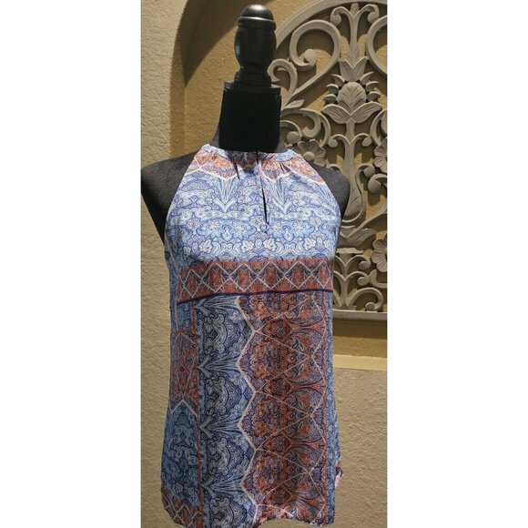 St. Tropez Sleeveless Blue & Orange Halter Neck Paisley Print Women's Top - Picture 2 of 4